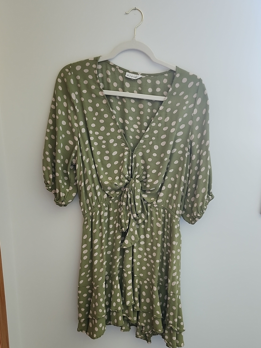 Kivari Olive Green Polka Dot Tie-Front Mini Dress